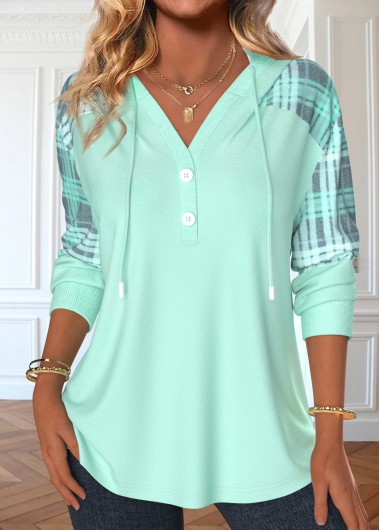 Modlily Light Green Patchwork Plaid Long Sleeve Hoodie - M