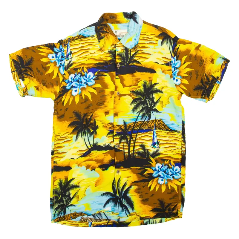 KARMAKULA Mens Hawaiian Shirt Yellow Viscose Crazy Pattern M