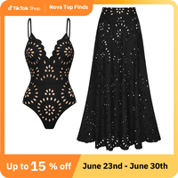 FLAXMAKER Women’s Laser Cut Dotted Black One Piece Swimsuit and Cover Skirt Swimwear Set Chic Beachwear Bathing Suit cozyvi...