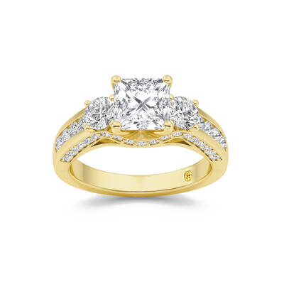 Aarhus Pavé Set Hidden Accent Three Stone Princess Cut Lab Grown Cathedral Diamond Engagement Ring | 10K Yellow Gold 2 3/4 C...