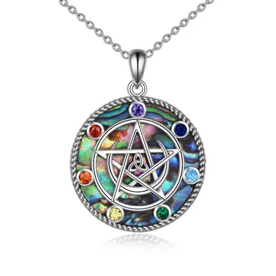 Sterling Silver Abalone Shellfish Chakras & Triple Moon Goddess Pendant Necklace