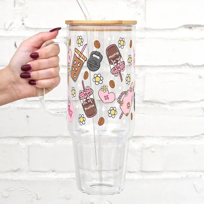 Jenna Bariatric Bestie x Sip-Sip Hooray Glass Cup –  Tumbler with Lid & Straw, Reusable Iced Coffee Mug, Portable & Washabl...