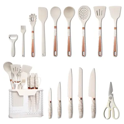 16 Piece Kitchen Knife Set, Silicone Kitchen Utensils Set, Clear Storage Rack, Can Cut Meat and Vegetables, Can Cook Noodles,...