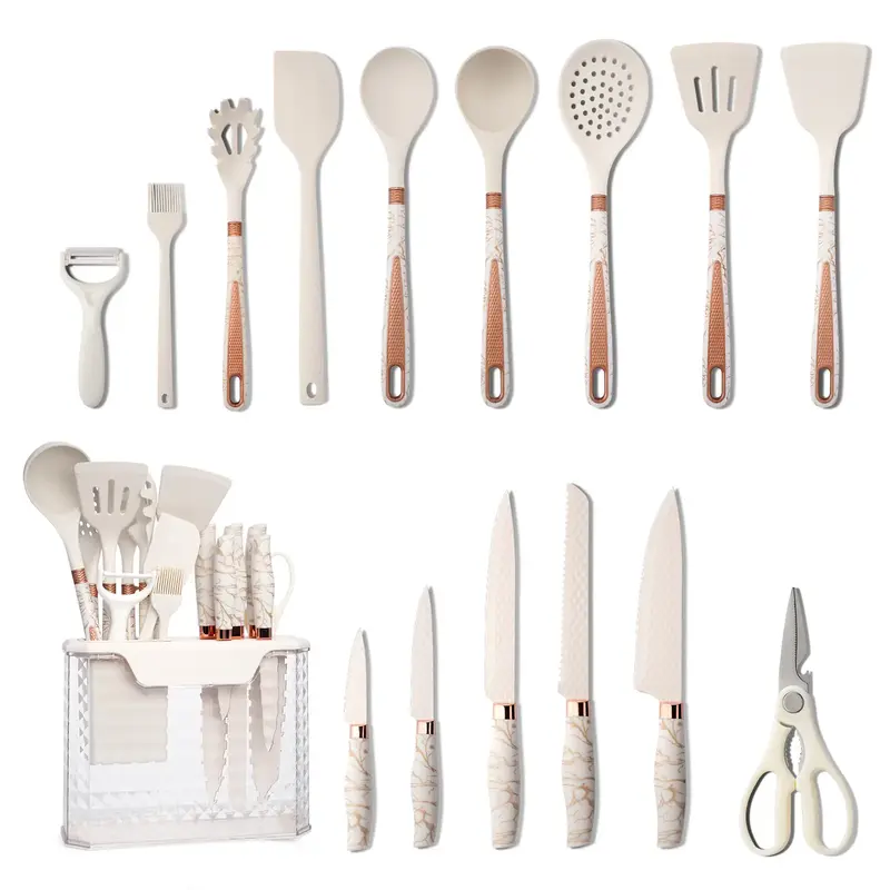 16 Piece Kitchen Knife Set, Silicone Kitchen Utensils Set, Clear Storage Rack, Can Cut Meat and Vegetables, Can Cook Noodles,...