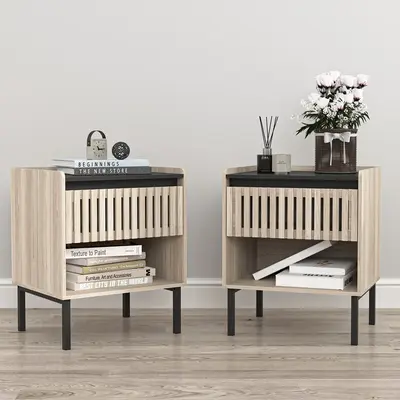 Set of 2 Modern Fence Nightstands ,Boho Khaki Bedside Table Set of 2, End Table with Open Storage Space & Metal Legs, Bedroom...