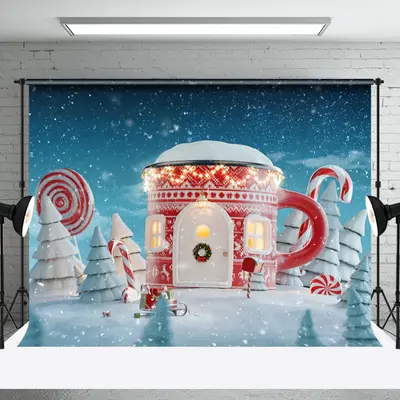 Aperturee Snowy Wild Field Teacup House Christmas Backdrop - Aperturee