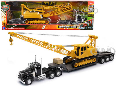 Kenworth W900 Truck with Lowboy Trailer Black and Crane Yellow \