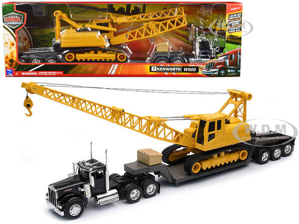 Kenworth W900 Truck with Lowboy Trailer Black and Crane Yellow \