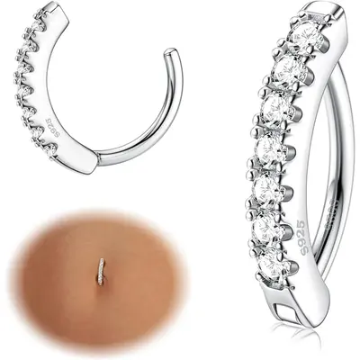 Fansilver 14G Belly Button Rings for Women Hypoallergenic Cubic Zirconia Paved Reverse Curved Navel Rings Barbell Belly Pierc...