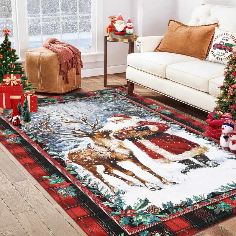 Garvee Christmas Santa Claus Reindeer Area Rug Washable Non Slip Winter Rugs Christmas for Living Room Low Pile Throw Rug Car...