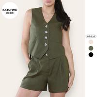 KatchMe Women's Plain Casual V Neck Button Tank & Wide Leg Shorts Co-ord,Sleeveless Button Up Top & Pocket Shorts Two Piece O...