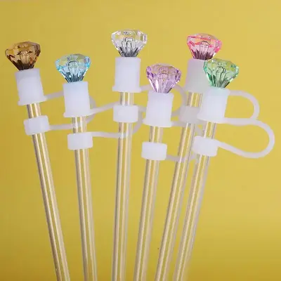 Artificial Diamond Shaped Silicone Straw Topper, 6 Counts Reusable Straw Dust Cover, Modern Drinking Straw Accessories for Ho...