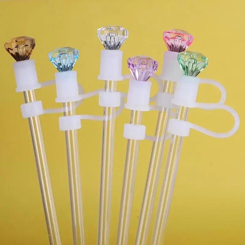 Artificial Diamond Shaped Silicone Straw Topper, 6 Counts Reusable Straw Dust Cover, Modern Drinking Straw Accessories for Ho...