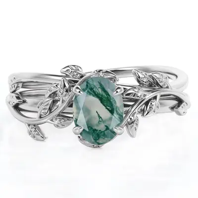 Sterling Silver Oval Shaped Moss Agate Ivy Engagement Ring