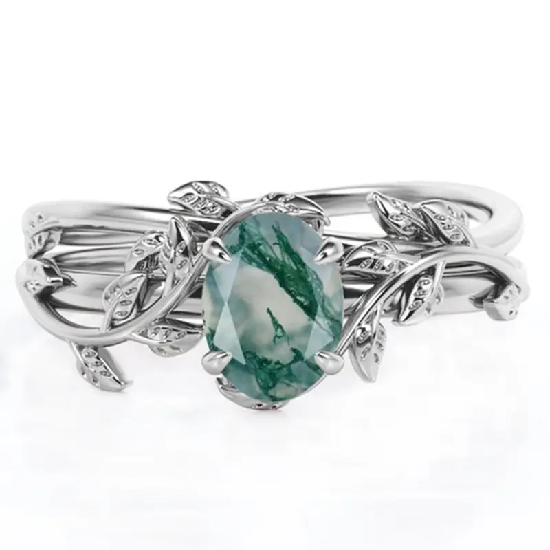 Sterling Silver Oval Shaped Moss Agate Ivy Engagement Ring