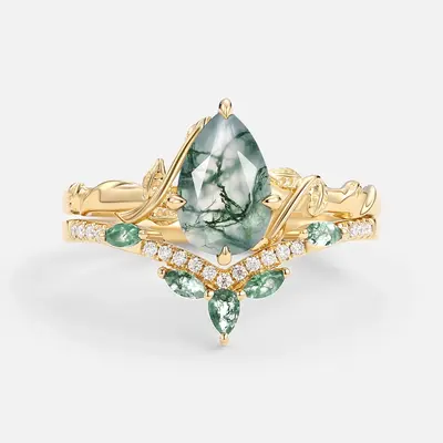 Sterling Silver with Yellow Gold Plated Pear Cut Leafy Moss Agate Ring