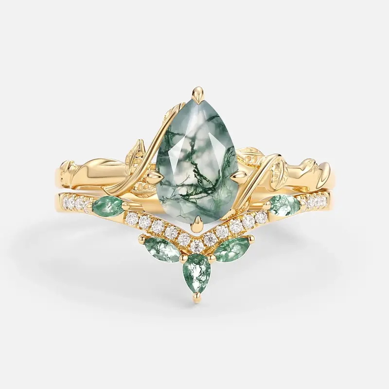 Sterling Silver with Yellow Gold Plated Pear Cut Leafy Moss Agate Ring