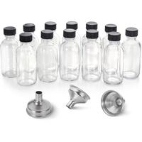 12 Pack, 2 oz Small Clear Glass Bottles w/Lid & 3 Funnels - 60ml Boston Shot Bottles for Health, Immunity, Potion, Wellness, ...