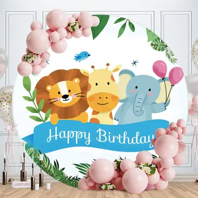 Aperturee Cute Animals And Ballon Round Happy Birthday Backdrop