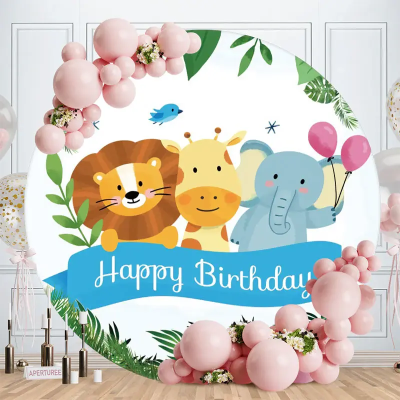 Aperturee Cute Animals And Ballon Round Happy Birthday Backdrop