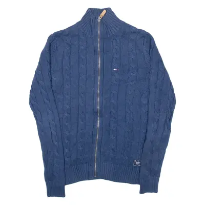 TOMMY HILFIGER Mens Cardigan Blue High Neck Cable Knit M