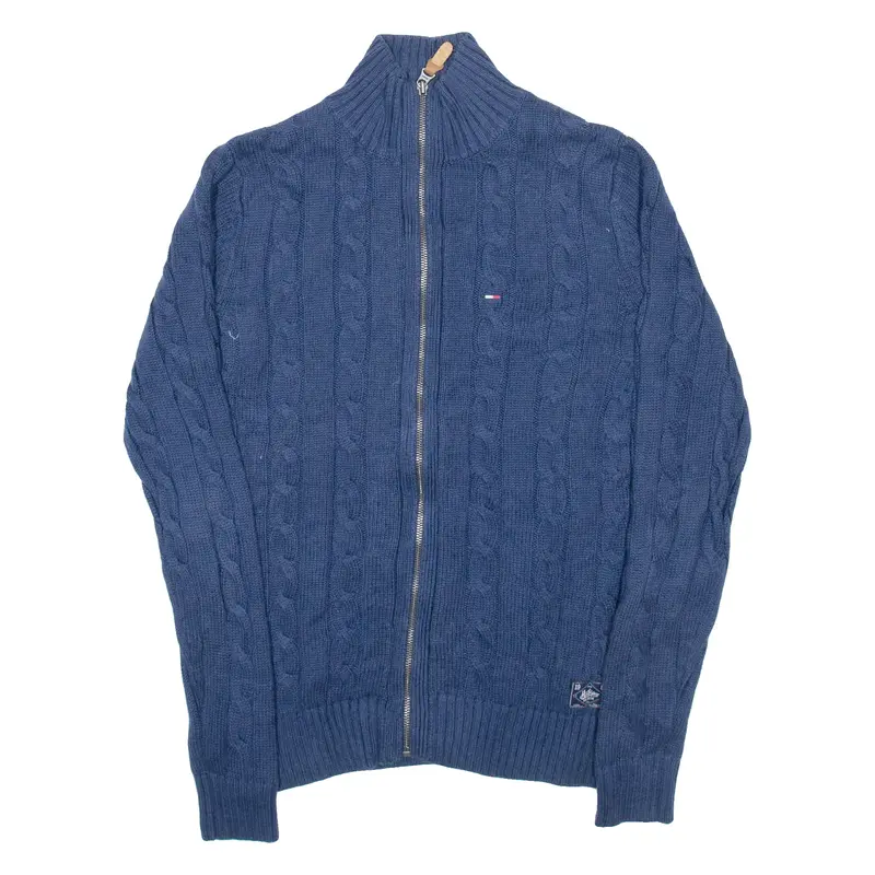 TOMMY HILFIGER Mens Cardigan Blue High Neck Cable Knit M