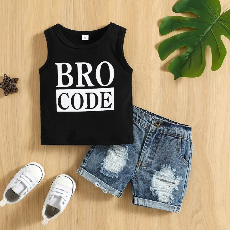 Baby Toddler Boys Summer Outfit Set Round Neck Sleeveless Letter Print Tank Tops with Ripped Denim Shorts summer outfit