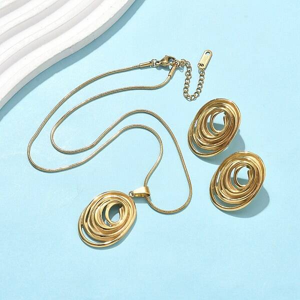 304 Stainless Steel Oval Pendant Necklaces & Stud Earrings Sets for Women