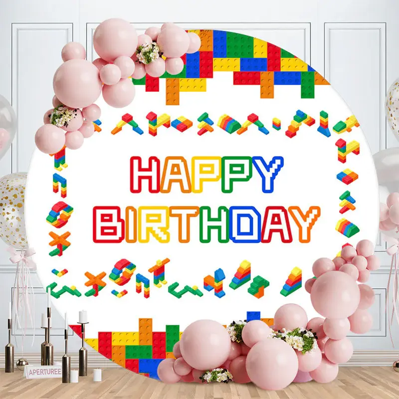 Colorful Toy Bricks Round Birthday Backdrop For Boys - Aperturee