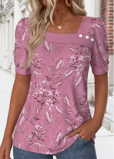 Modlily Dark Reddish Purple Asymmetry Floral Print T Shirt - XXL