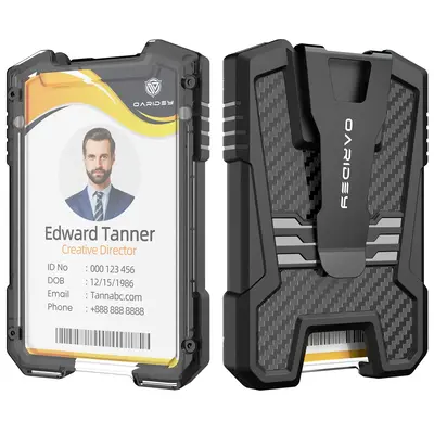 Oaridey Carbon Fiber Badge Holder/ID Card Holder/Portable Travel Wallet with Manganese Steel Clip, Heavy Duty Vertical Clear ...