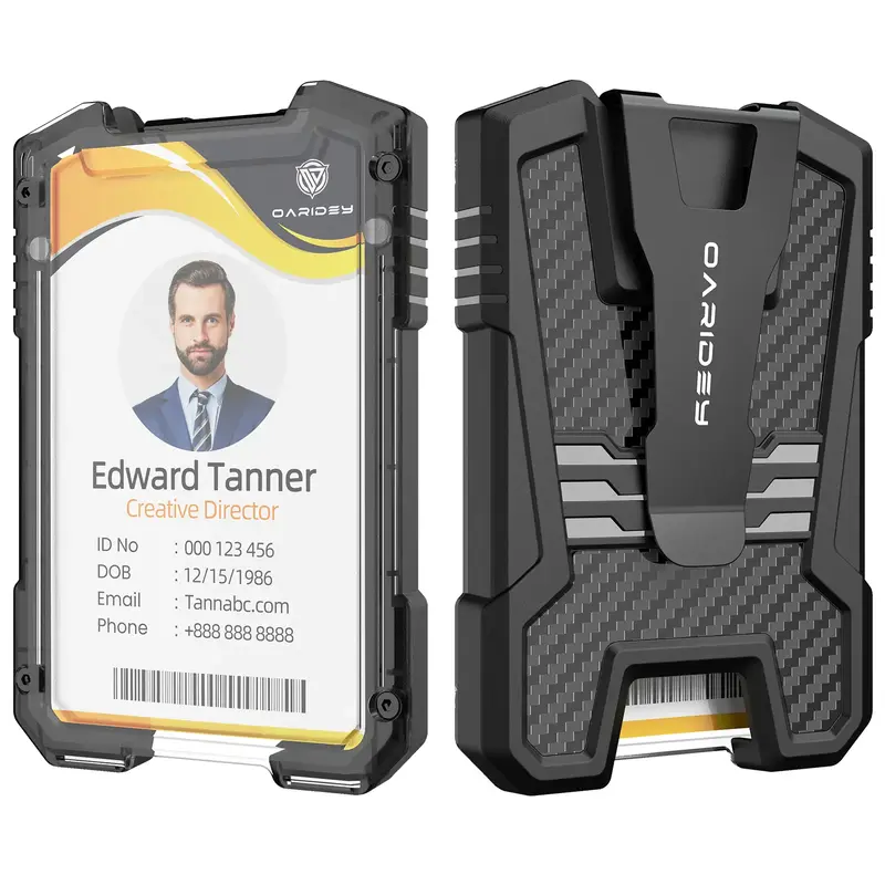 Oaridey Carbon Fiber Badge Holder/ID Card Holder/Portable Travel Wallet with Manganese Steel Clip, Heavy Duty Vertical Clear ...