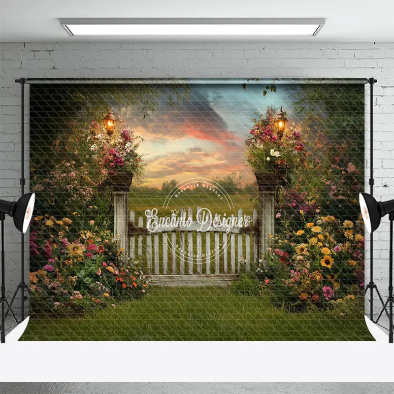 Aperturee Green Field Fence Floral Sunset Spring Backdrop, 3X2FT(1MX0.6M), 14 USD, spring backdrops, ENHD2J10-M