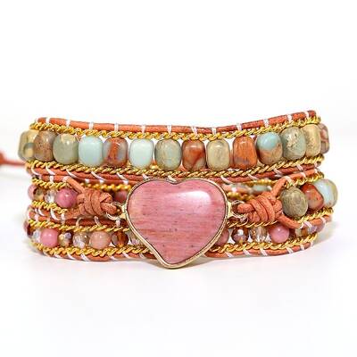Bohemia Style Heart Natural Rhodochrosite & Shoushan Beads Multi-strand Bracelets