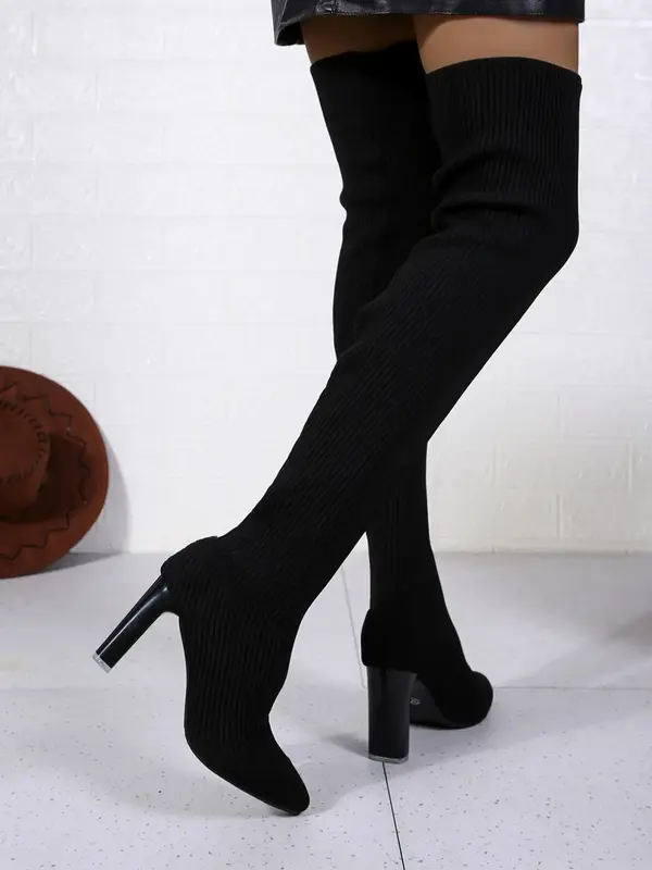 Women's Solid Textured Over The Knee Sock Boots, Fashionable Pointed Toe High Heel Boots for Daily Wear, Female All-match Boo...