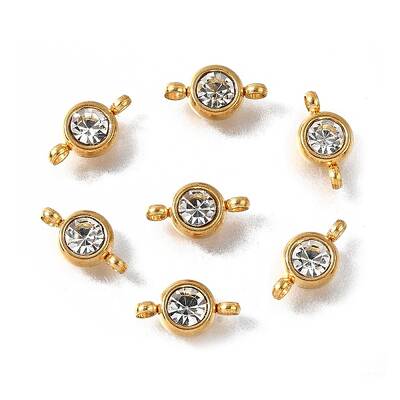 201 Stainless Steel Crystal Rhinestone Flat Round Connector Charms