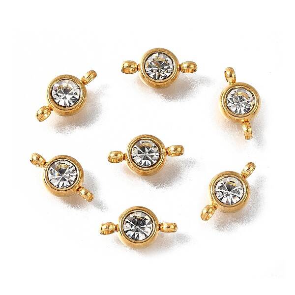 201 Stainless Steel Crystal Rhinestone Flat Round Connector Charms