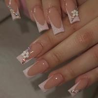 Rhinestone & Flower Decor Fake Nails with 1 Nail File & 1 Sticker Sheet (24pcs/box), French Style Square False Nails for Wome...