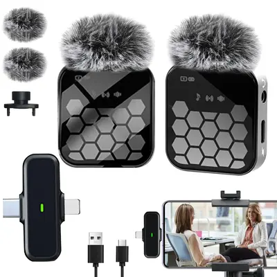 Wireless Lavalier Microphone, 2 Counts Rechargeable Wireless Microphones, Plug & Play Clip-on Microphone for iPhone, iPad, An...