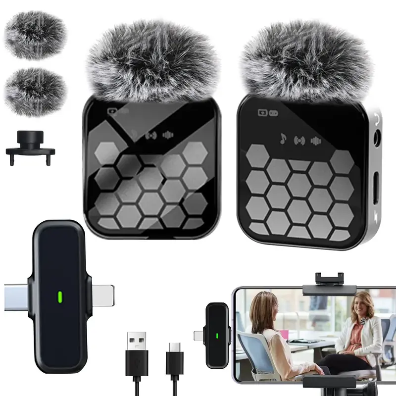 Wireless Lavalier Microphone, 2 Counts Rechargeable Wireless Microphones, Plug & Play Clip-on Microphone for iPhone, iPad, An...