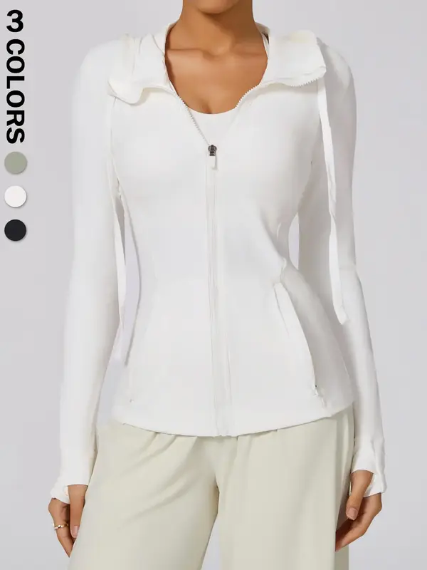 Women's Solid Thumb Hole Zip Up Hooded Sports Jacket, Quick Drying Drawstring Pocket Tennis Hoodie Outerwear, Summer Clothes,...