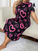 【Plus Size】 All Over Heart Print Round Neck Nightdress, Casual Soft Comfortable Short Sleeve Nightgown for Women, Women's...