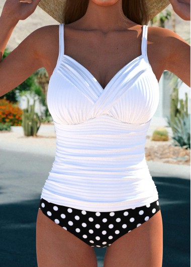 Modlily Surplice Polka Dot White Tankini Set - L