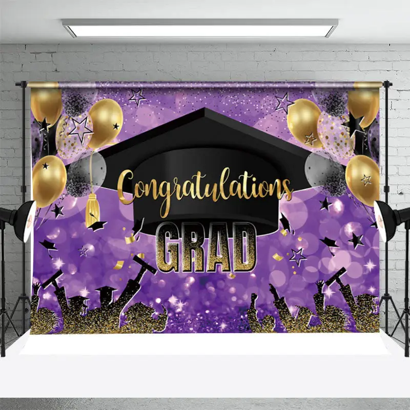 Purple Golden Balloon Hat Bokeh Graduation Backdrop - Aperturee