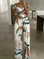 Women's Floral Print Wrap Wide Leg Jumpsuit, Casual Fit Chic Boho Off The Shoulder Jumpsuit, Ladies Summer Clothes for Beac...