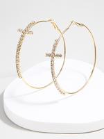 Cross Design Inlaid with Shiny Rhinestone Decor Hoop Earrings, Fashion Earrings, Alloy Material Jewelry