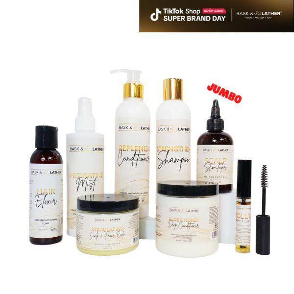 Bask & Lather Ultimate Healthy Hair Care Bundle - Limited Edition with JUMBO Scalp Stimulator, Hair Elixir, Hydrating Mi