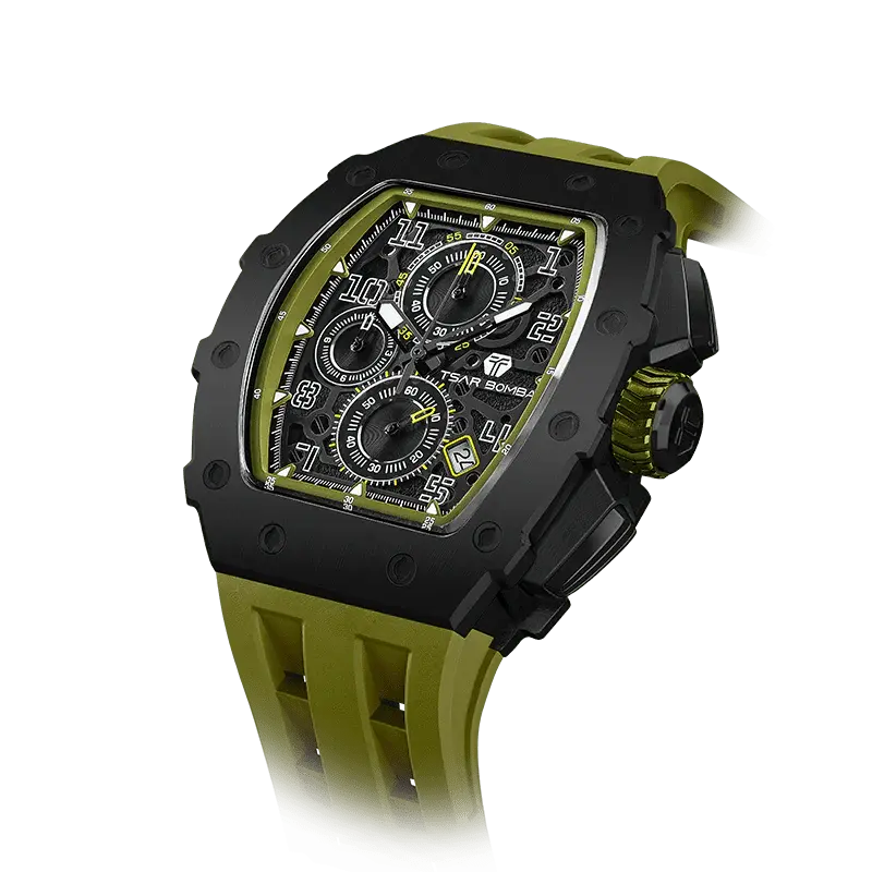 TSAR BOMBA Men's Affordable Luxury Quartz Watch | Olive Green | Tonneau Case | Seiko Quartz Movement | 5ATM Waterproof Silico...