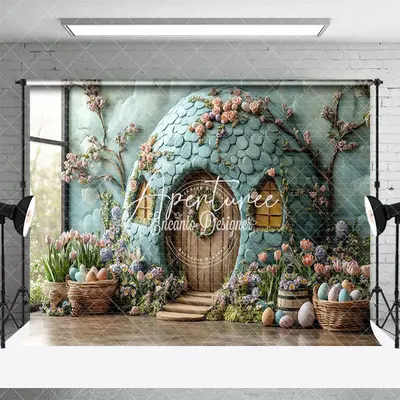 Aperturee Green Egg House Floral Plant Spring Easter Backdrop, 3X2FT(1MX0.6M), 14 USD, easter backdrops, ENHD3J41-M