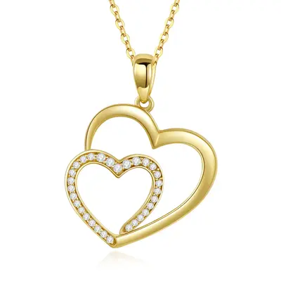 14K Yellow Gold Circular Cubic Zirconia Interlocking Hearts Pendant Necklace For Women